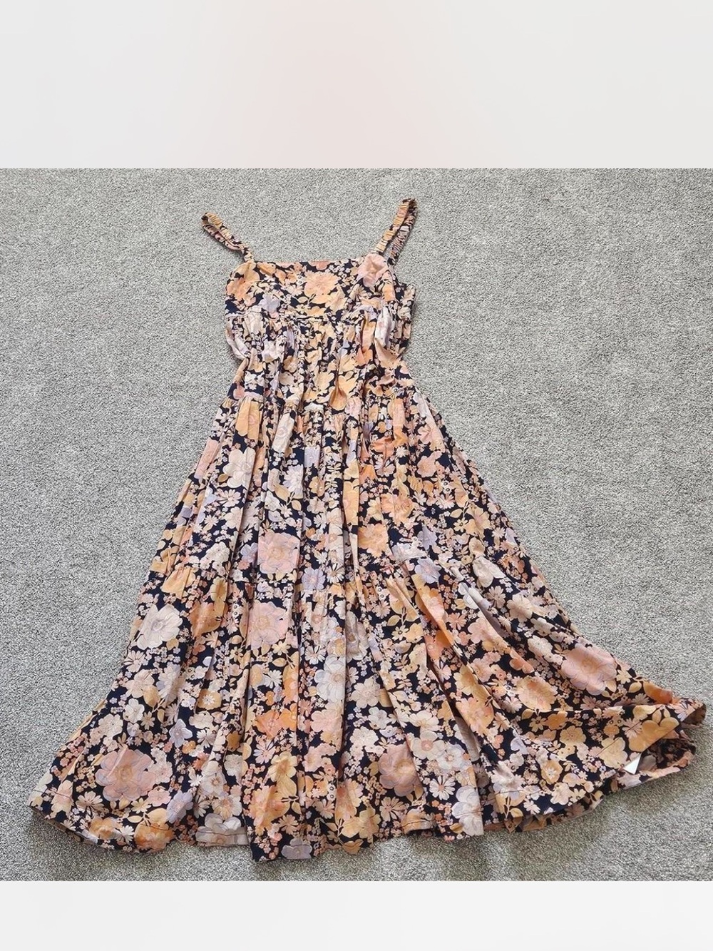 Free People Navy Floral Maxi Dress with Mustard Accents Two front pockets - Picture 3 of 4